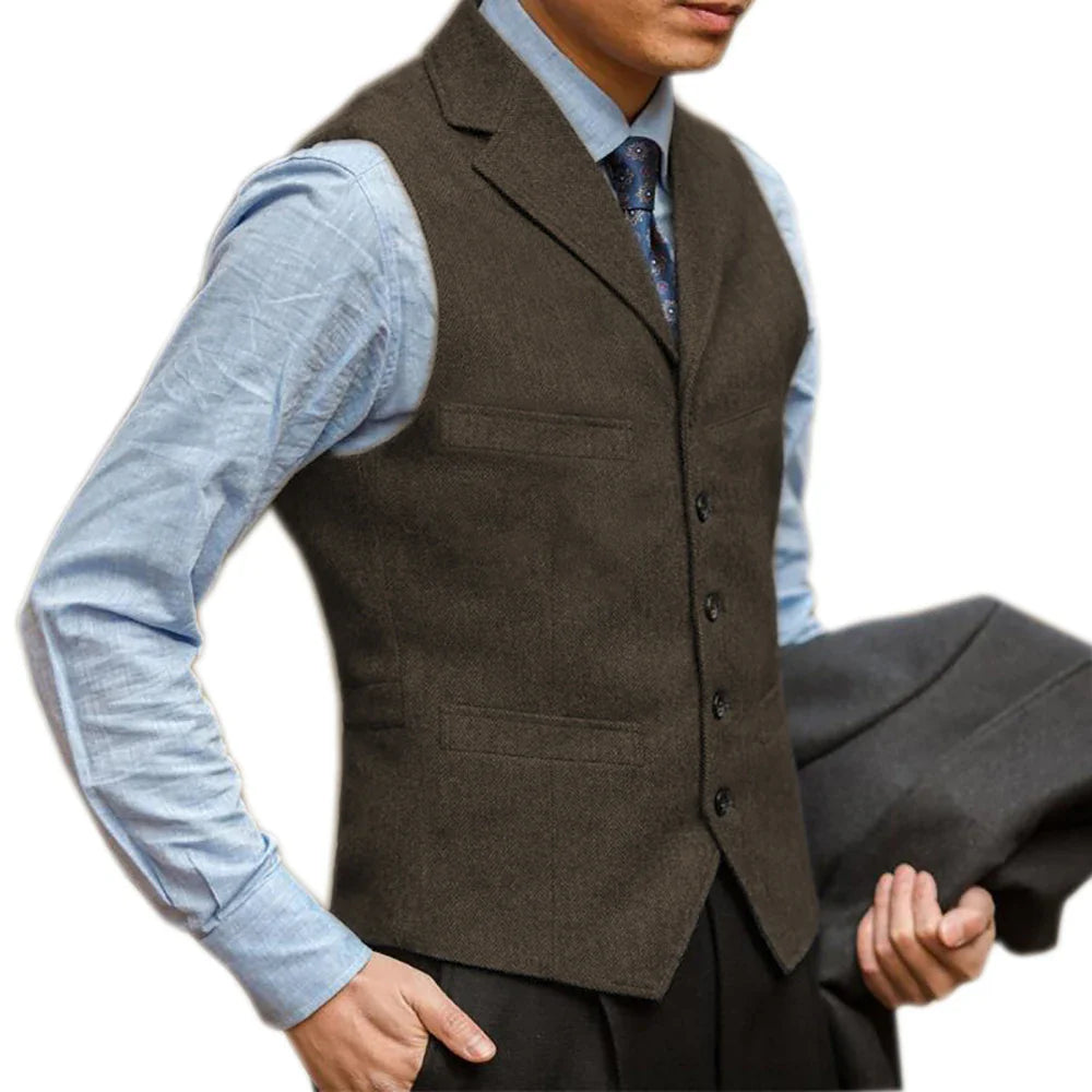 sanyamk Men Vest British Herringbone Tweed Suit Vest Business Formal Dress Waistcoat Notch Lapel Sleeveless Casual Suit Vests