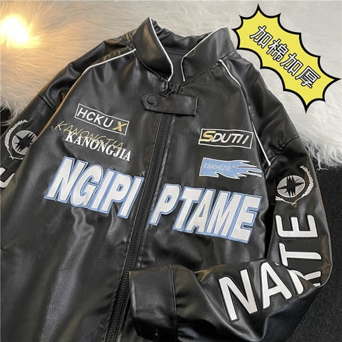 sanyamk American Embroidered Leather Jacket Men Pilot Motorcycle Suit New Fashion Casual Punk Harajuku Oversized Jacket Streetwear