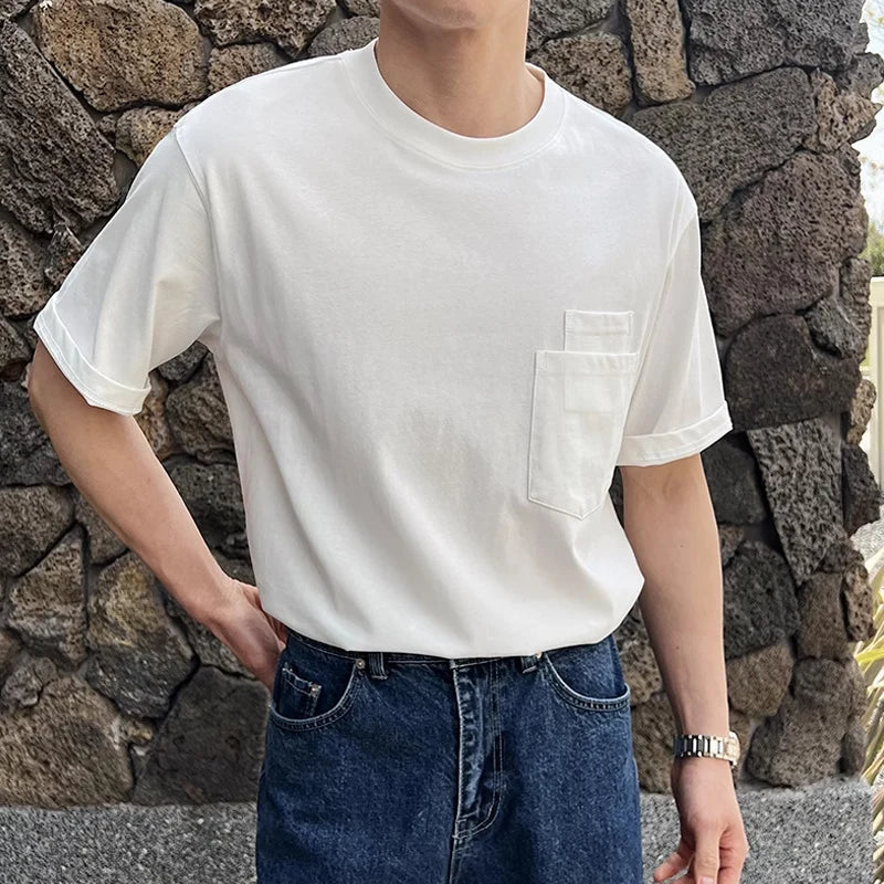 sanyamk - Trendy Pockets Pure Color Cotton T Shirt Men Short Sleeve O Neck Casual Tees For Male Summer Fashion Simple Loose Mens T-shirts