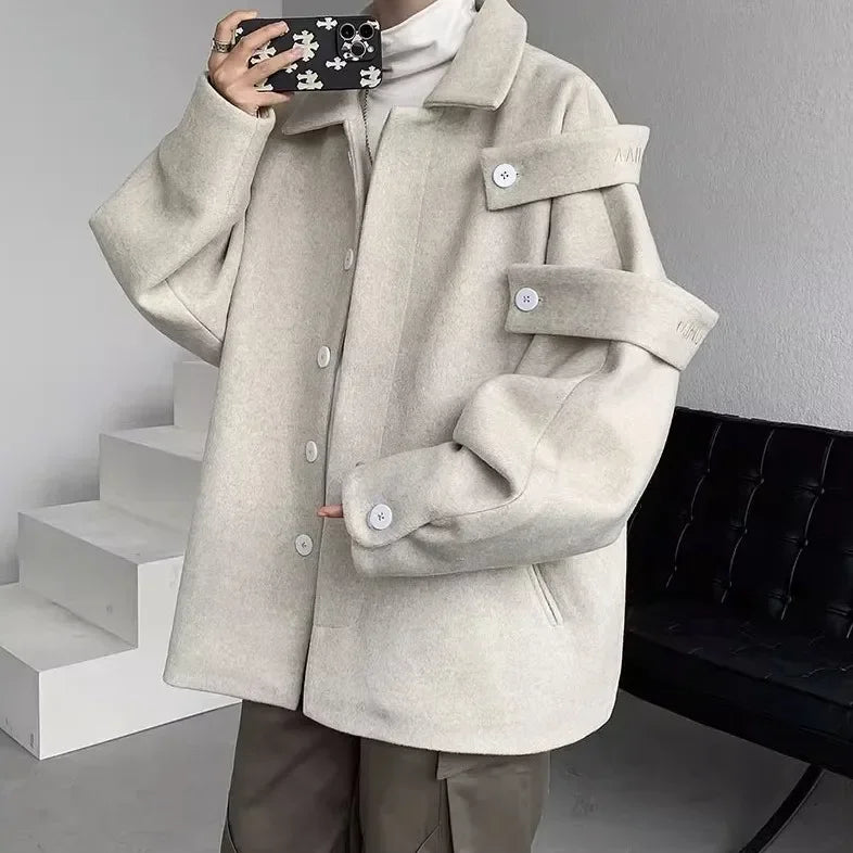 sanyamk Woolen Coat Trendy Men's Autumn and Winter Niche Design American Retro Loose Thickened Jacket Tops K Pop Clothes Men Clothes A29
