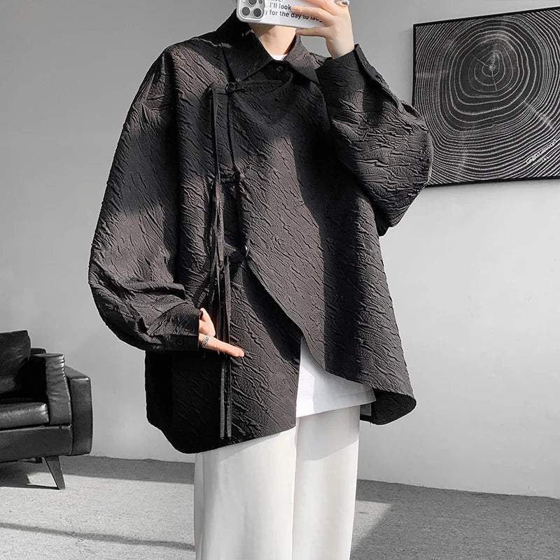 sanyamk Men's Luxury Chic Texture Shirt Vintage Casual Drapped Solid Color Button-down Long Sleeve Shirts for Men All-match Clothing