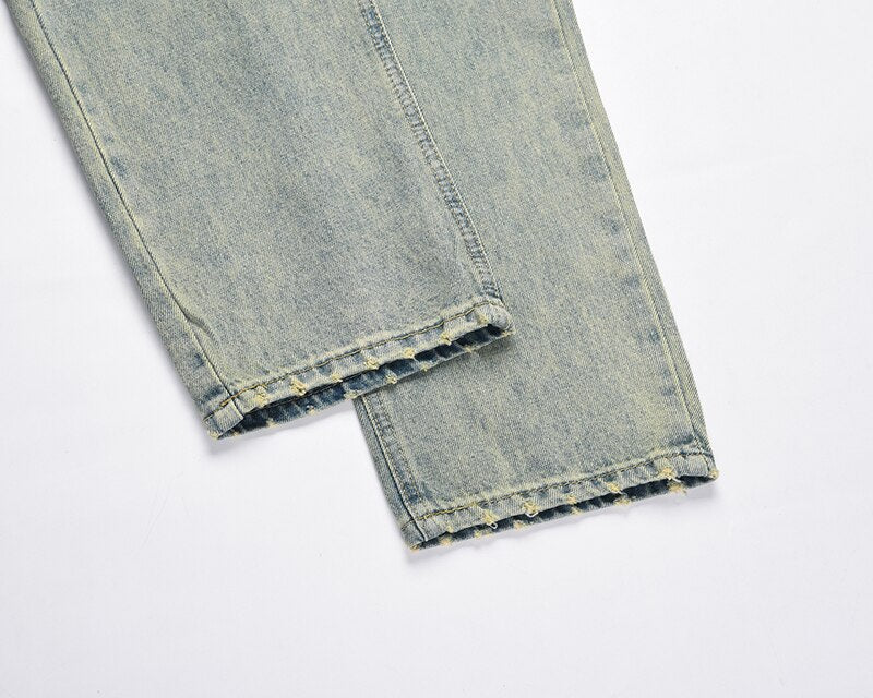 sanyamk High Street Hand Painted Distressed Washed Design Patchowrk Mens Jeans Pants Stragiht Streetwear Ripped Casual Denim Trousers