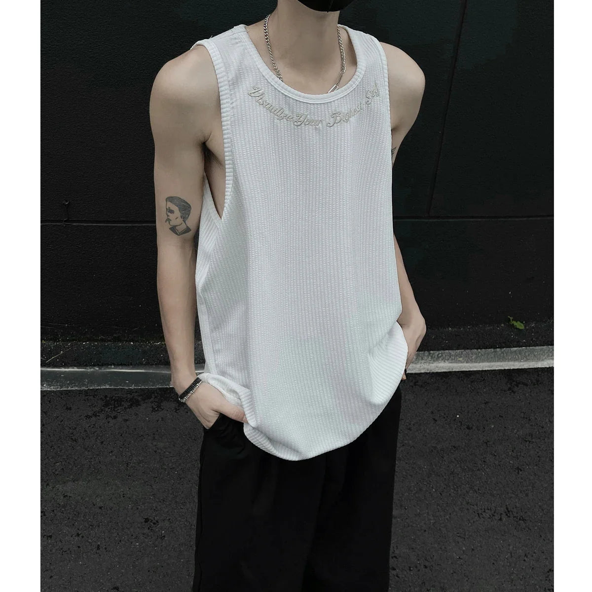 sanyamk - Summer Men's Letter Embroidery Tank Top Black White Oversized Sleeveless T-shirts for men
