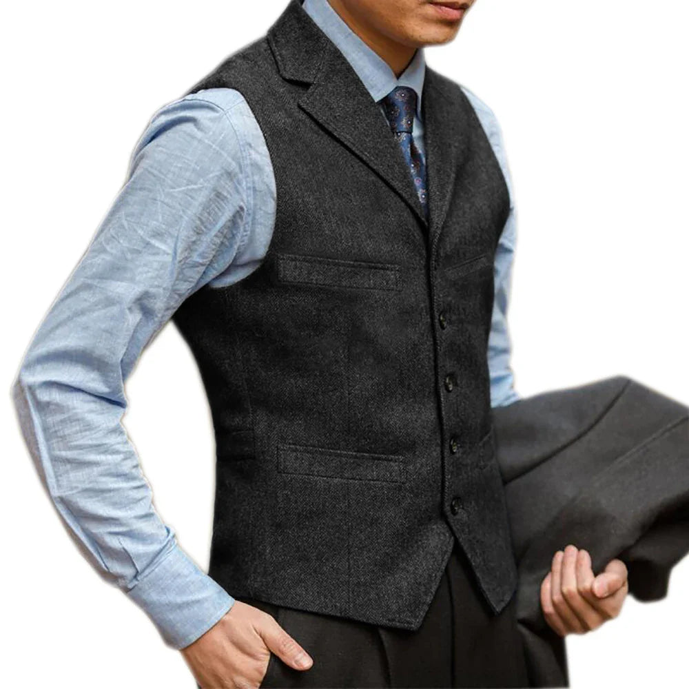 sanyamk Men Vest British Herringbone Tweed Suit Vest Business Formal Dress Waistcoat Notch Lapel Sleeveless Casual Suit Vests