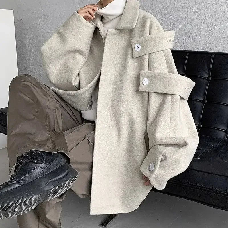 sanyamk Woolen Coat Trendy Men's Autumn and Winter Niche Design American Retro Loose Thickened Jacket Tops K Pop Clothes Men Clothes A29