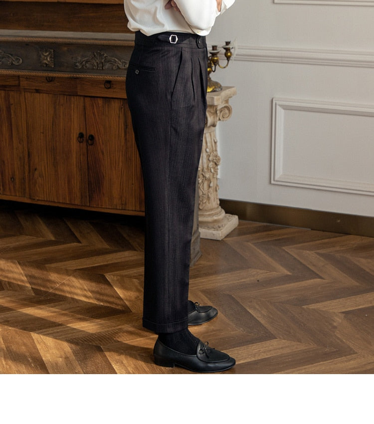 sanyamk High Waist Business Dress Pants Men Ankle Length Office Social Slim Fit Suit Pant Classic Streetwear Trousers Pantalones Hombre