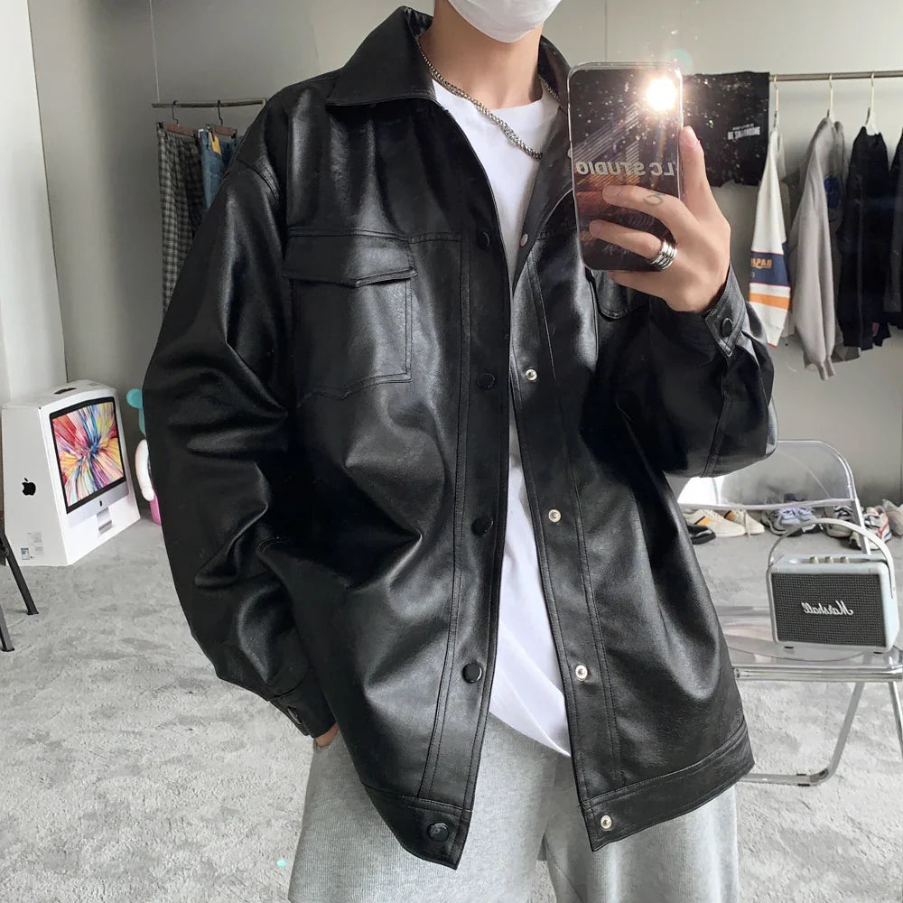 BONSIR - Autumn Winter PU Jackets Men Solid Color Leather Coat Casual Motorcycle Biker PU Jacket Classic Black Male Clothes Plus Size 5XL
