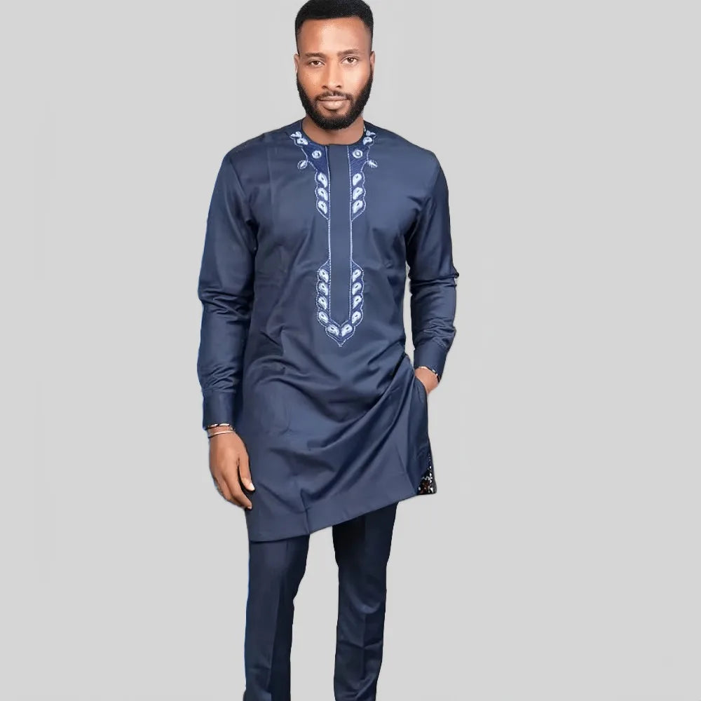 sanyamk - Kaftan Summer Men's Suits Short Sleeve Solid Top Pants Wedding African Ethnic Casual Wear Dashiki 2PCS Suit Fashion Men's Sets