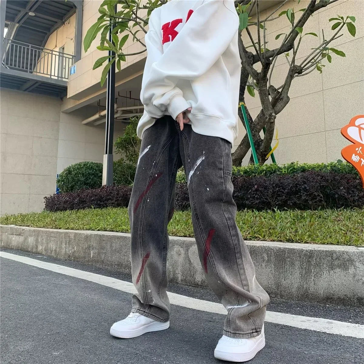 sanyamk High Street hiphop jeans Men's hip-hop Street work straight pants Black gray gradient speckled pants streetwear pantalon homme
