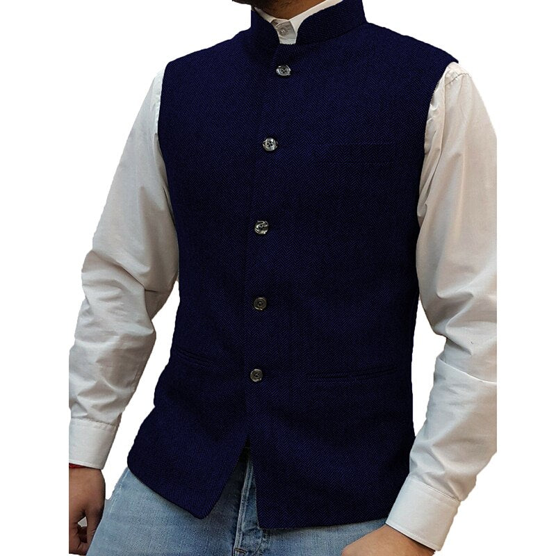 sanyamk Casual Sleeveless Single Breasted Vest Blazers Mens Vintage Solid Stand Collar Suit Cardigan Men Autumn Formal Fashion Outerwear