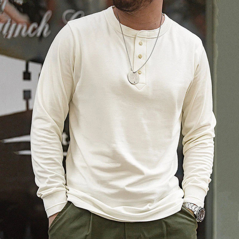 BONSIR - 2024 Spring Casual Cotton Henley Shirts For Men Autumn Fashion Buttoned Crew Neck Pullover Tops Mens Clothes Pure Color T Shirt