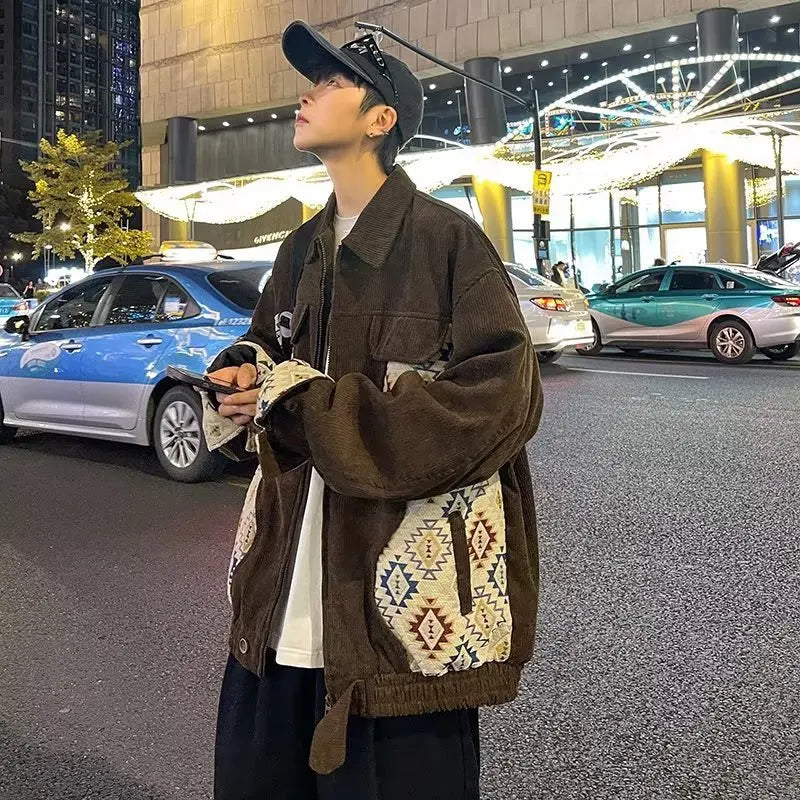sanyamk Patchwork Jackets Men Trendy Popular Daily Spring Autumn Spliced Geometric Pattern Folk-style Handsome Teenagers Outerwear Chic