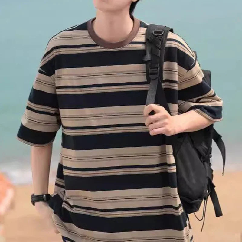 sanyamk - Fashion Striped Print Oversize T Shirt Men Summer Casual Short Sleeve Crew Neck T-shirts Streetwear Mens Stylish Loose Pullovers