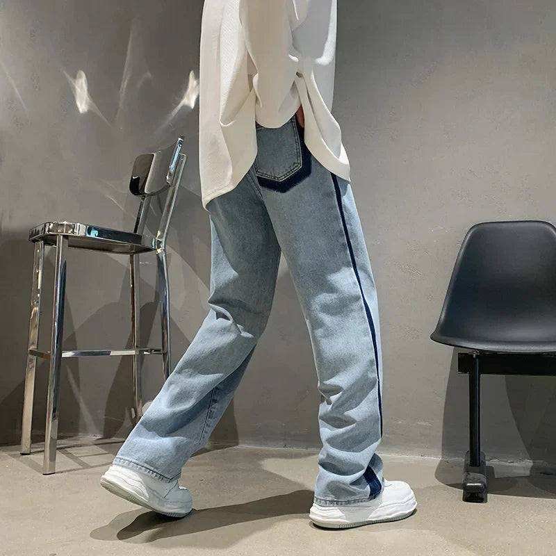 sanyamk High street vibe American trousers, male minority design sense, splicing jeans, overlapping stripes, floor length straight