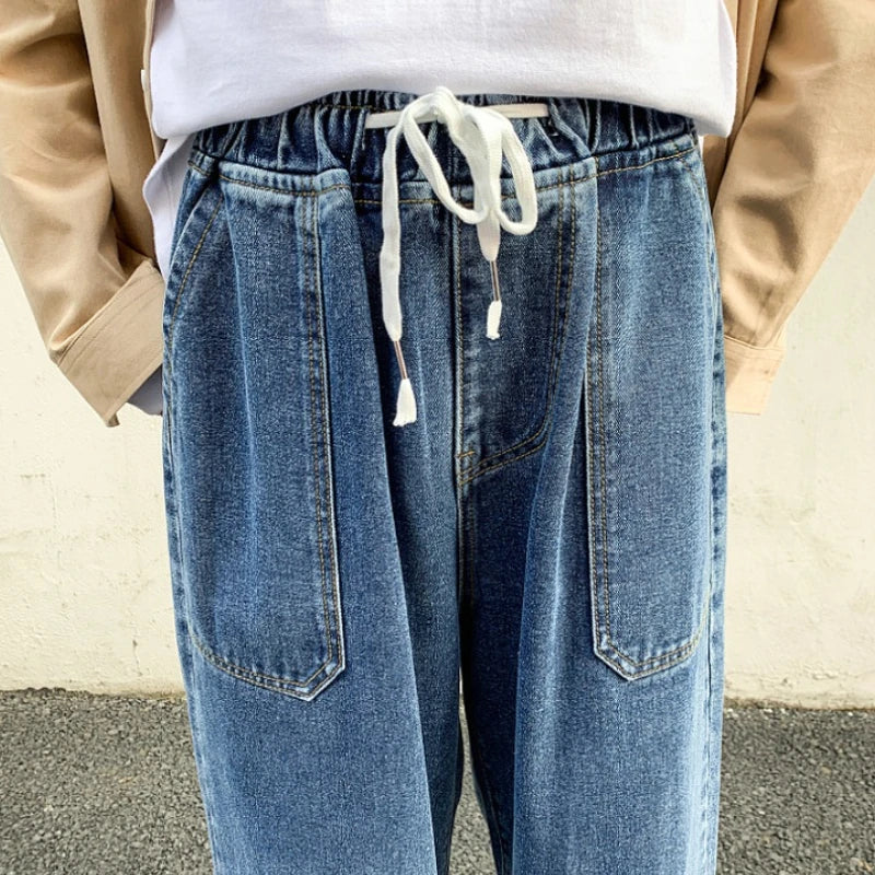 sanyamk Spring New Wide-leg Jeans Men's Straight Loose Pants Hong Kong Style Trend Retro Trousers Bottom Buckle Ankle-length pants