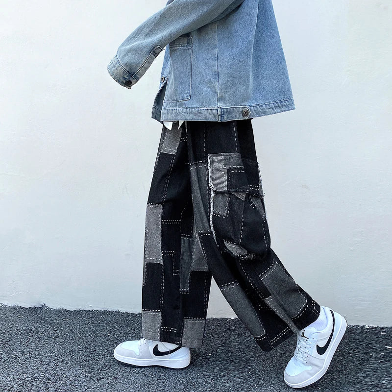 sanyamk Korean Fashion Loose Wide-leg Jeans Men‘s Hip Hop Trousers Harem Straight Pants Cargo Denim Jeans Street Baggy Casual Trousers