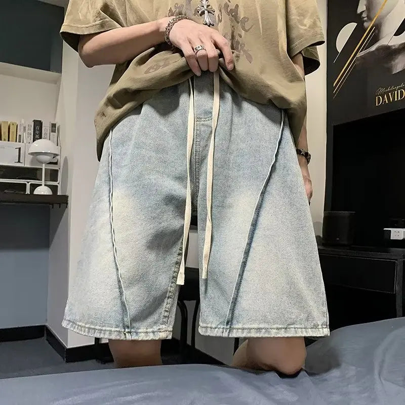 BONSIR Washed denim shorts men's summer thin style American retro plankton pants tide brand casual everything with five points big shor