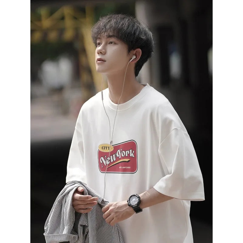 sanyamk - Hot Selling New Summer T-shirts for Boys, Loose Print, Large Hong Kong Style Inner Layer, Short Sleeves