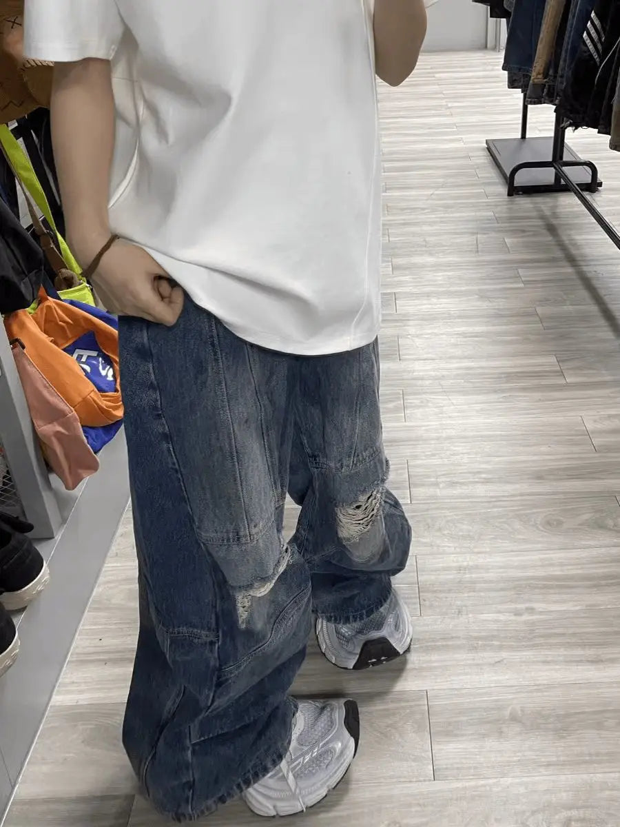 sanyamk Autumn High Street Retro Men and Women Trendy Personalized Straight Tube Washed Jeans Couple Loose Hip Hop Wide Leg Casual Pants