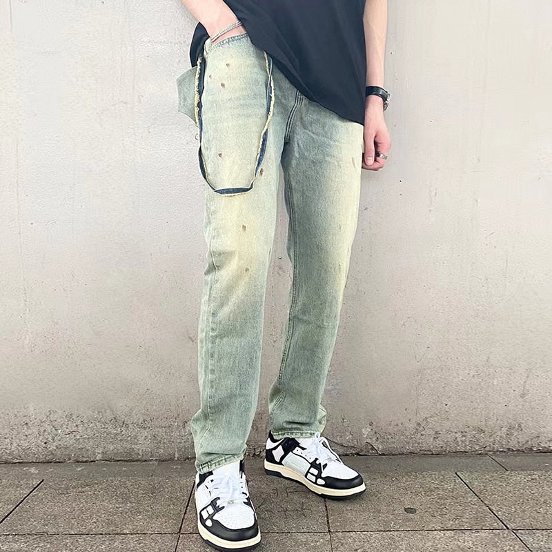 sanyamk High Street Hand Painted Distressed Washed Design Patchowrk Mens Jeans Pants Stragiht Streetwear Ripped Casual Denim Trousers