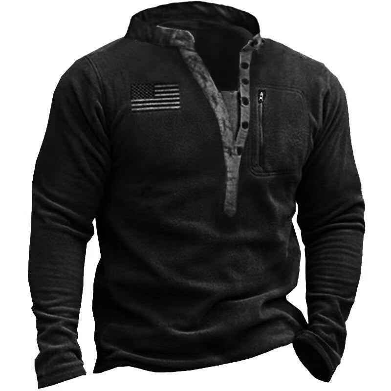 sanyamk Fashion Vintage Men Hoodie Pullover Outwear Solid Men Outdoor Fleece Warm Henley Collar Tactical Zip Pocket Sweatshrt Male Tops