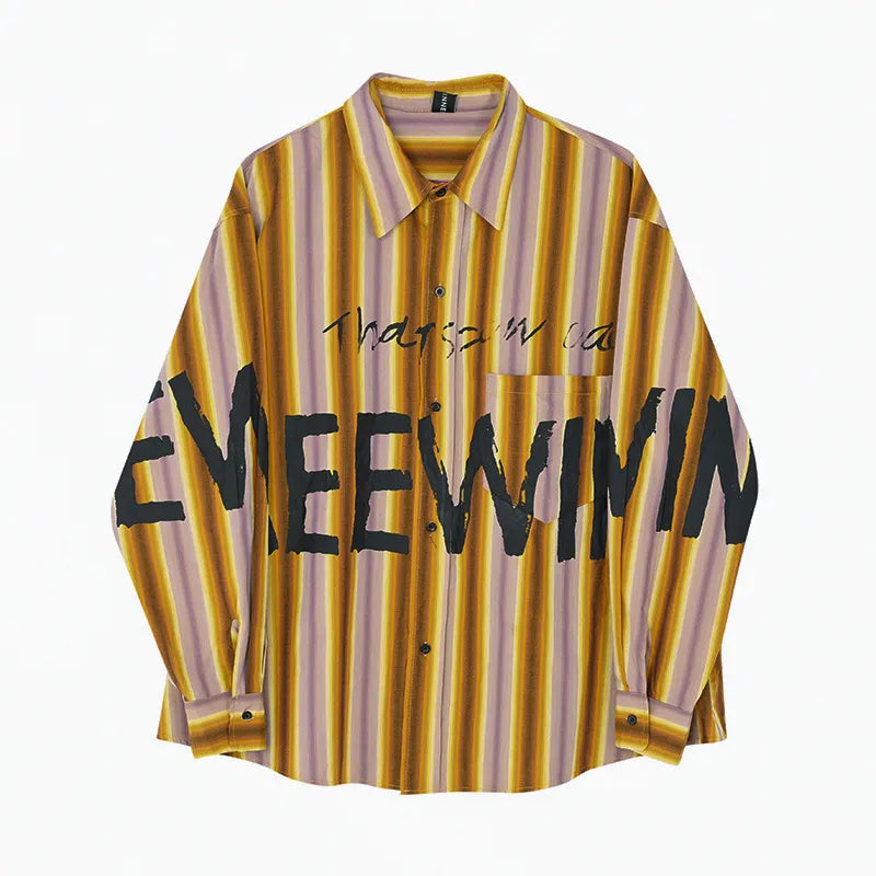 Bonsir American style fried street printed striped shirt Men's trendy brand long sleeved Korean version loose fitting high street