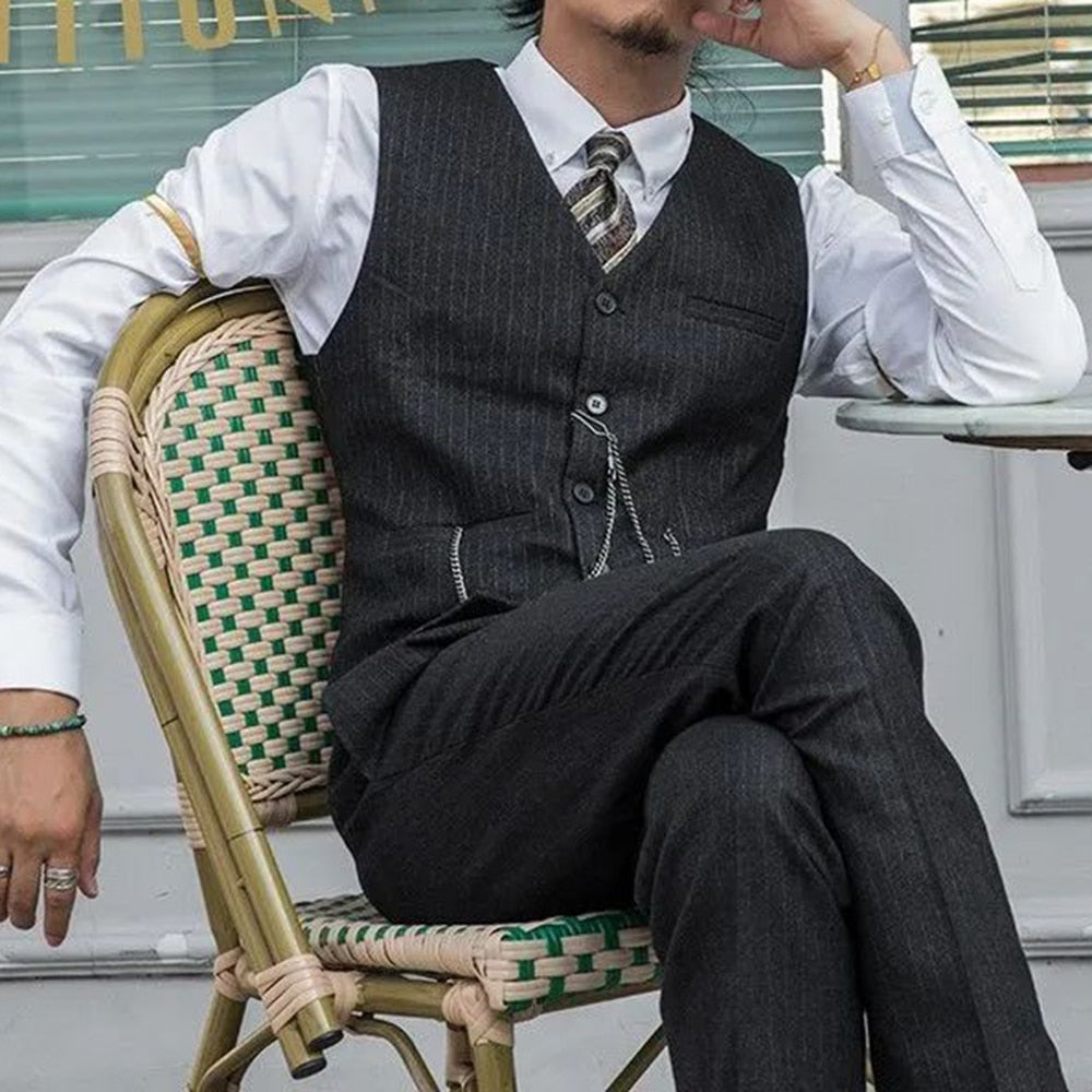 sanyamk British Style Retro Suit Vest Male Vertical Stripes Business Elegant Professional Formal Dress Body Fashion V-neck Suit Vest