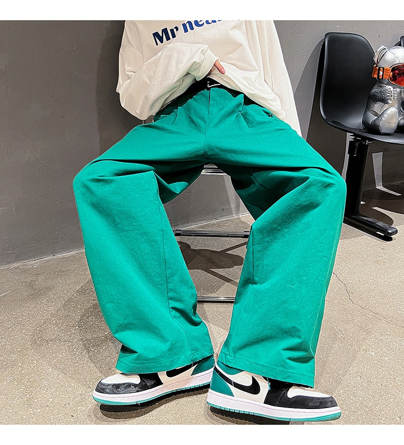 Bonsir Cotton Oversized Casual Pants Men Fashion Loose Wide Leg Pants Men Japanese Streetwear Hip Hop Straight Pants Mens Trousers