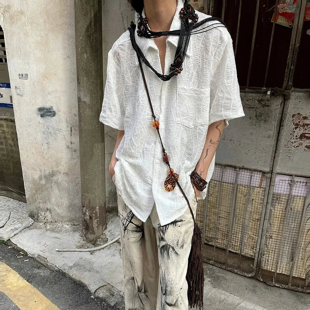 sanyamk Retro Pleated Short Sleeve Shirt Summer New Cuban Collar Jacquard Design Shirts Top Solid Button Neutral Blouse