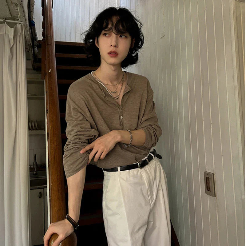 sanyamk - Korean Style Men's T-shirts Loose Button Design Pullover Tops Casual Solid Color Long Sleeve Male Tees Simple New 9C6913