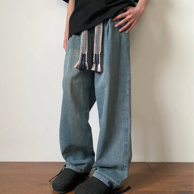 BONSIR - New Fashion Men Jeans Vintage Hip Hop Denim Pants Ethnic Pattern Drawstring Male Straight Loose Streetwear Baggy Cowboy Trousers