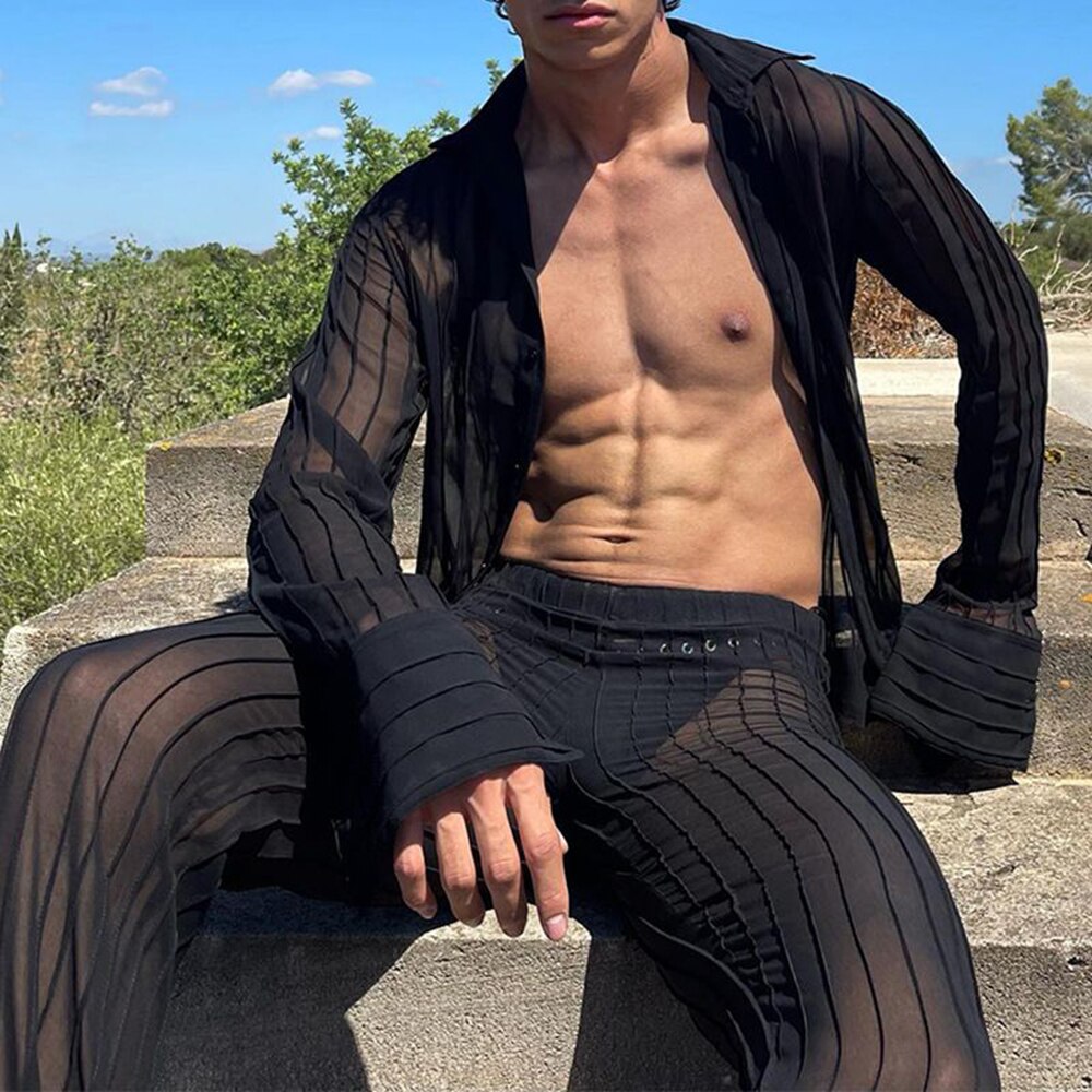 sanyamk Casual Sexy See-through Cardigan Men's Straight Trousers Trousers MenS Fashion Suit Autumn New Two-piece Set