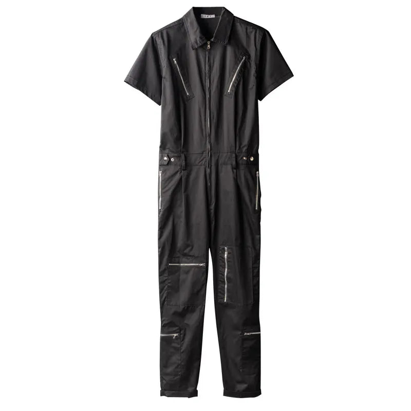 sanyamk - Summer Overalls Men Jumpsuit Lapel Cotton Short Sleeve Multi-Pocket Zipper Hip Hop Streetwear Pants Black Gray Trousers
