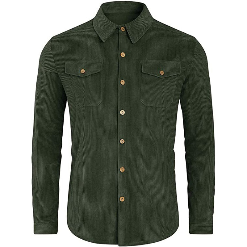 Bonsir Mens Corduroy Button Short Sleeve Shirt Spring Autumn Casual StreetwearWith Pockets Solid Color Shirt For Men Overcoat