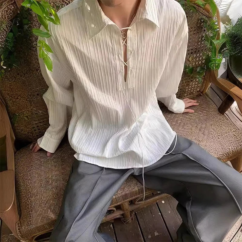 Bonsir Streetwear Mens V Neck Shirt Tops Spring Long-sleeve Drawstring Lace-up Lapel Shirts Men Vintage Pleated Solid Color Fresh Tops