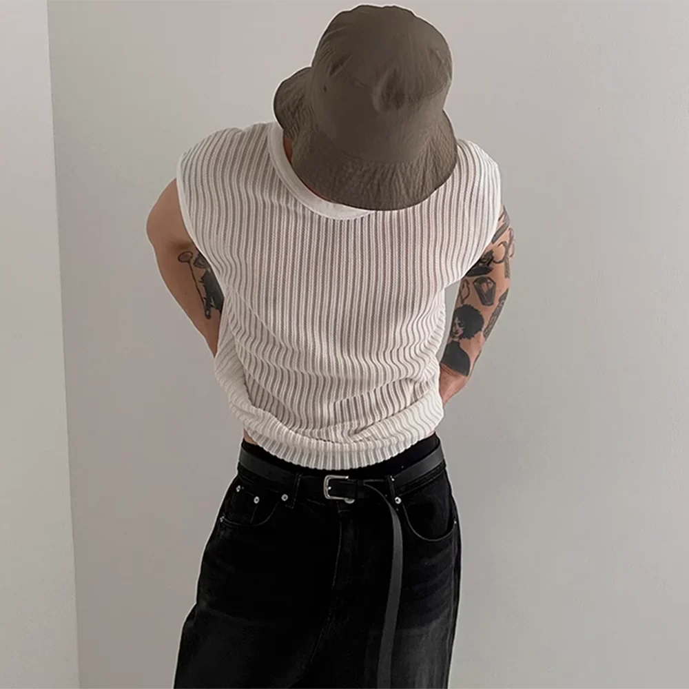 sanyamk Out Solid Knitted Shirt Men's Sexy Tank Top Summer Loose Knit Vest Korean O Neck Sleeveless Tees See Through Undershirts