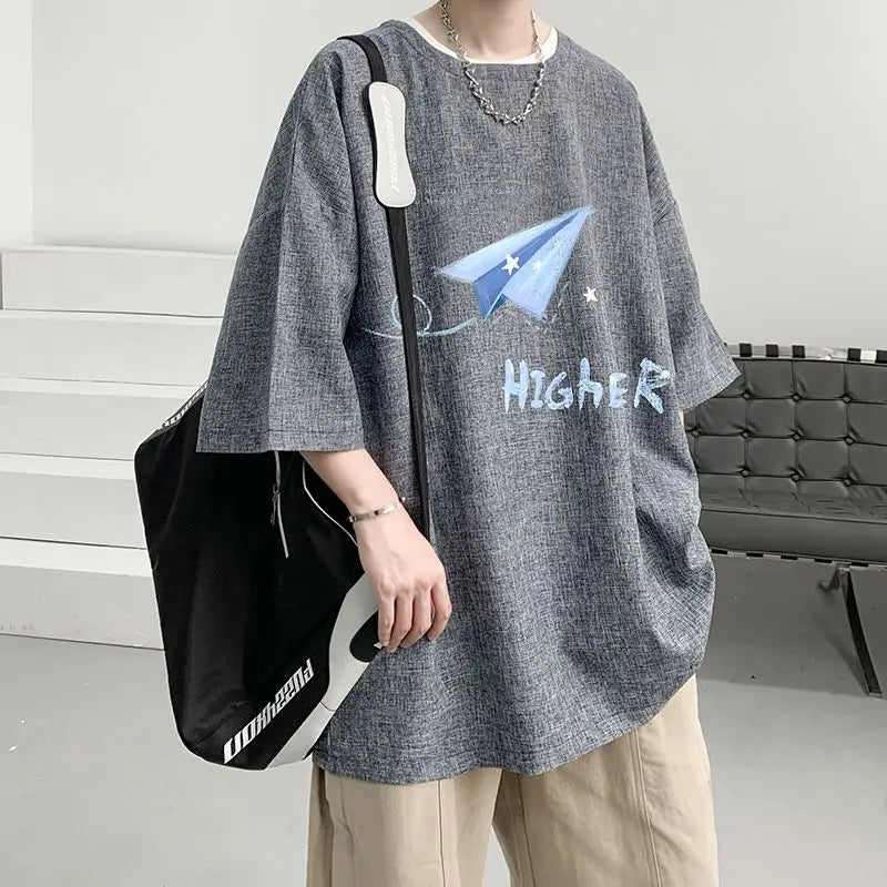 sanyamk - Men's Clothing Short Sleeve Round Neck Loose Straight Pullovers Solid Printing Handsome Simple Casual Streetwear T-Shirts
