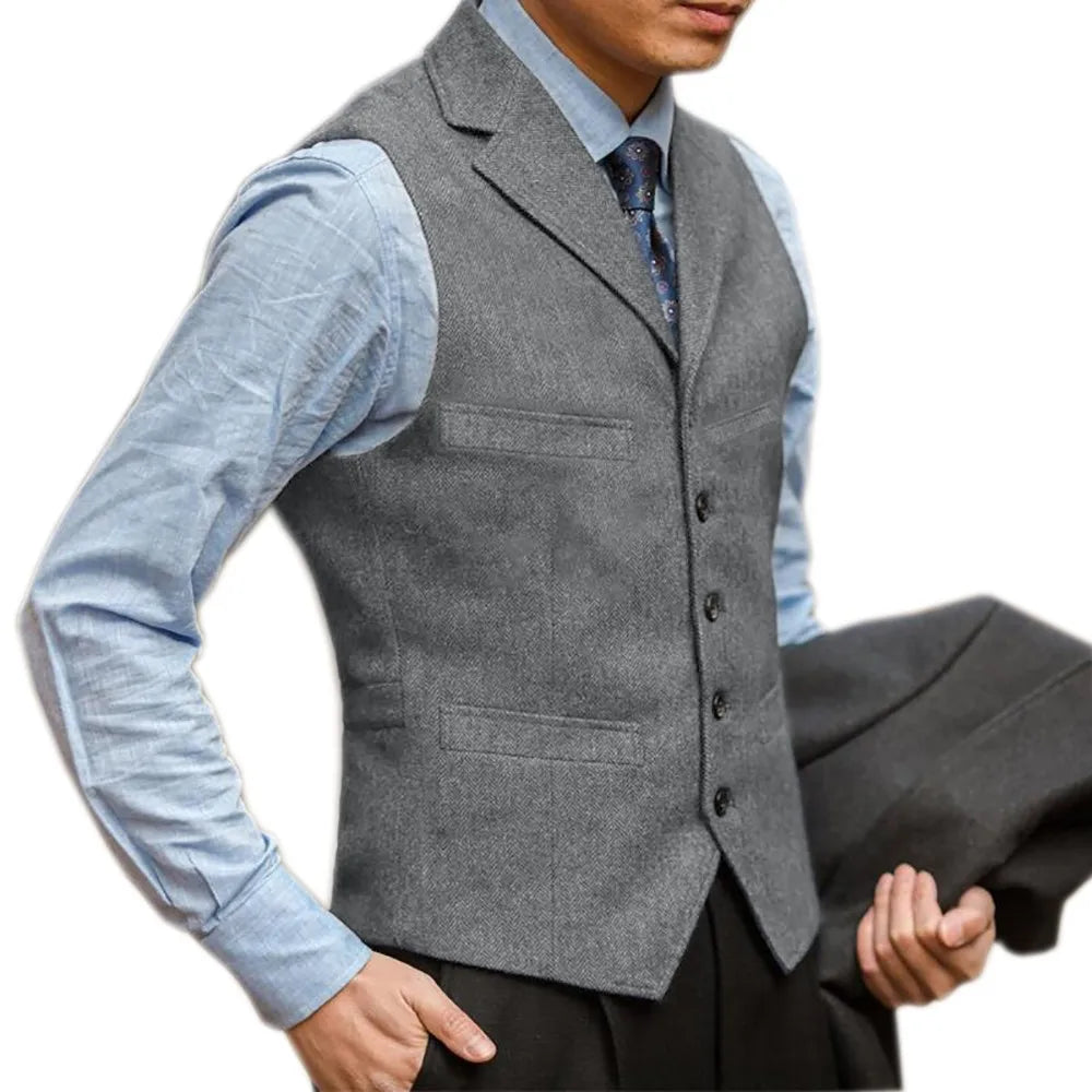 sanyamk Men Vest British Herringbone Tweed Suit Vest Business Formal Dress Waistcoat Notch Lapel Sleeveless Casual Suit Vests