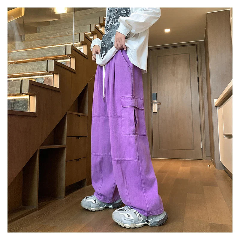 BONSIR - Multi-Pocket Washed Cargo Pants Men Women Y2K Vintage Streetwear Loose Oversized Straight Wide-Leg Jeans Dark Green/Purple