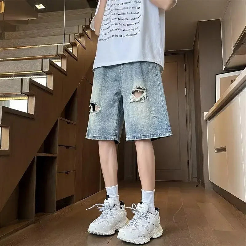 sanyamk American Style Ripped Men's Summer Thin Midwaist Versatile Loose-fit Straight-leg Denim Shorts Five-fourths Shorts