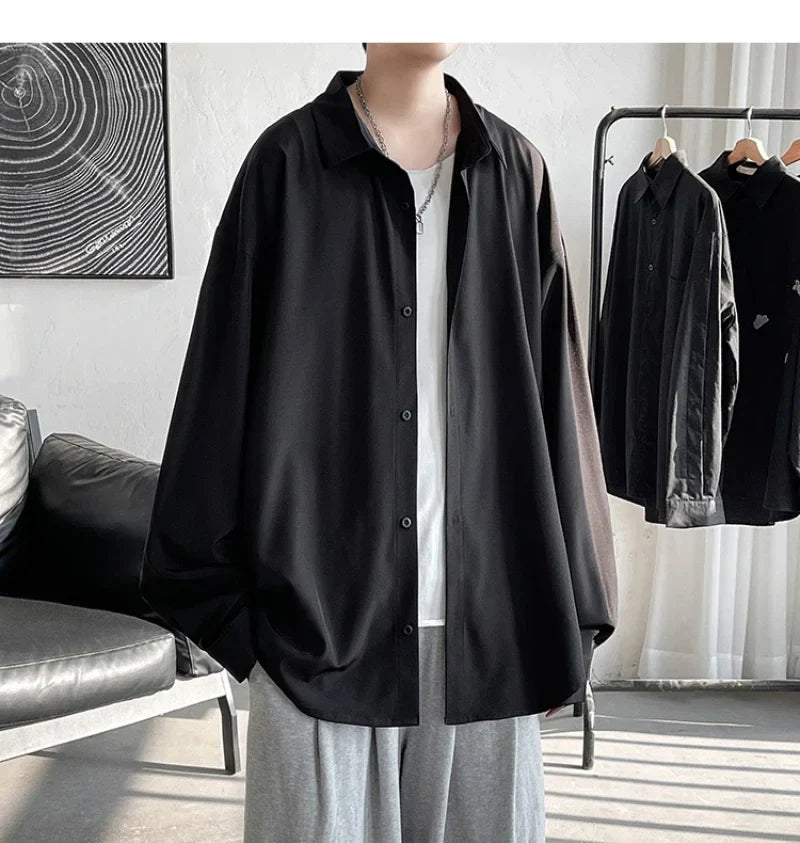 Bonsir Summer Mens Long Sleeve Shirts Solid Color Casual Cardigan Loose Base Vintage Harajuku Tops Blouses