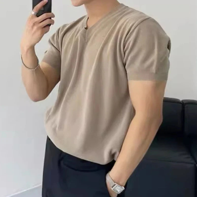 sanyamk - Summer Casual Solid Color Knit T Shirt Men Fashion Short-sleeved V Neck T-shirts Vintage Mens Clothes Knitwear Male Streetwear
