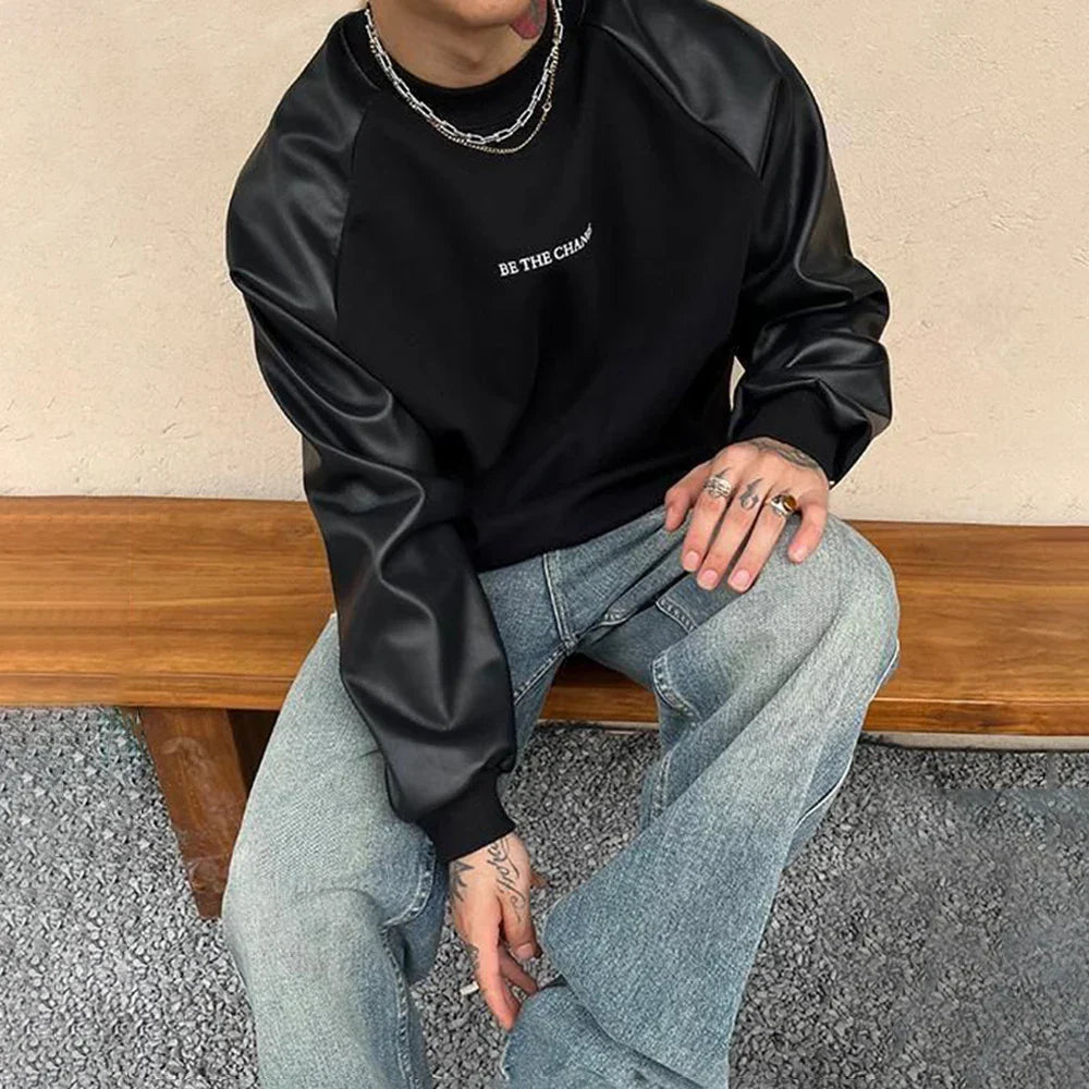 sanyamk Mens Y2k Contrast Pu Leather Raglan Sleeves Sweatshirt Autumn And Winter Genderless Casual Loose Splicing Sweatshirt Unisex