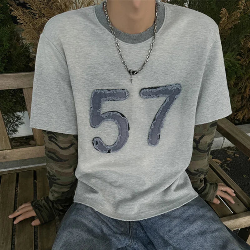sanyamk - Niche Design Men's T-shirts Round Collar Letter Patchwork Camouflage Long Sleeve Contrast Color Loose Male Tees New 9C9072