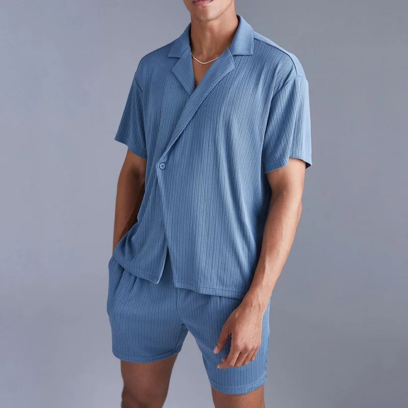 sanyamk - Trendy Buttoned Lapel Shirts And Shorts Mens Two Piece Sets Spring Summer Beach Casual Breathable Thin Solid Color Shirt Outfit