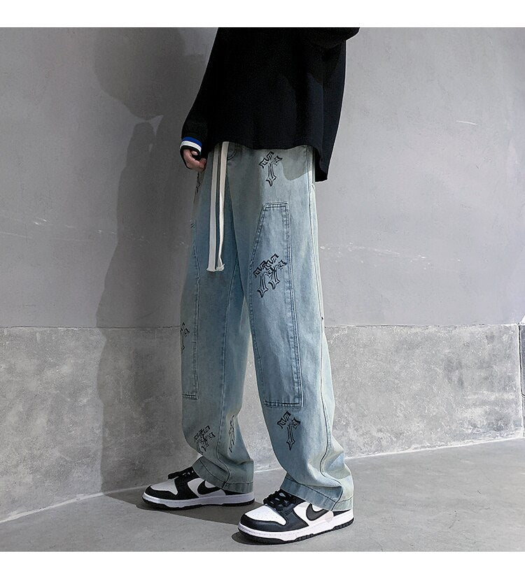 sanyamk Washed Blue Mopping Jeans Men Hiphop Casual Loose Straight Wide Leg Printed Cross Overalls Casual Denim Trousers Four Seasons