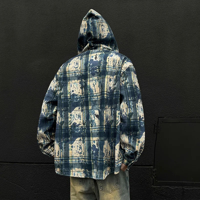 sanyamk - Korean Style Men's Hoodies Hooded Plaid Contrast Color Casual Tops Single Breasted Brushed Loose Male Sweatshirts 9C8558