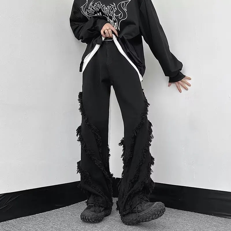 sanyamk Gothic Style Factory Tassels Versatile Slim Edge Washed Denim Casual Flare Men Pants Darkwear Solid Color Male Trousers