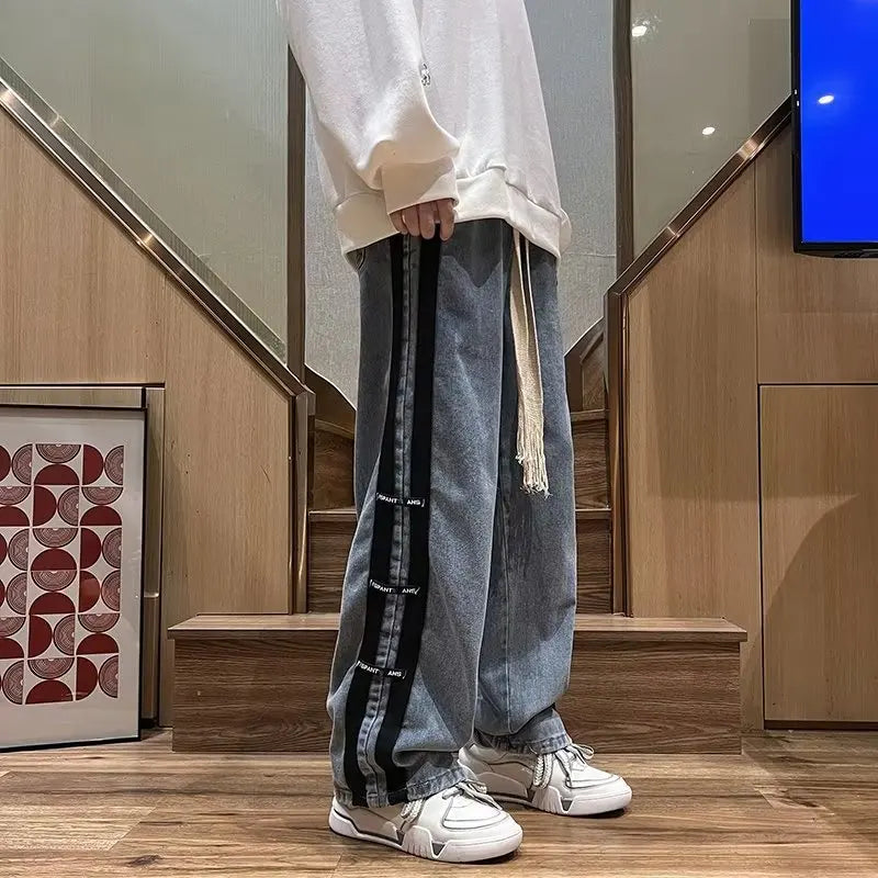 sanyamk Men Jeans Pants Black Wide Leg Oversize Cargo Korean Streetwear Hip Hop Harajuku Denim Trousers