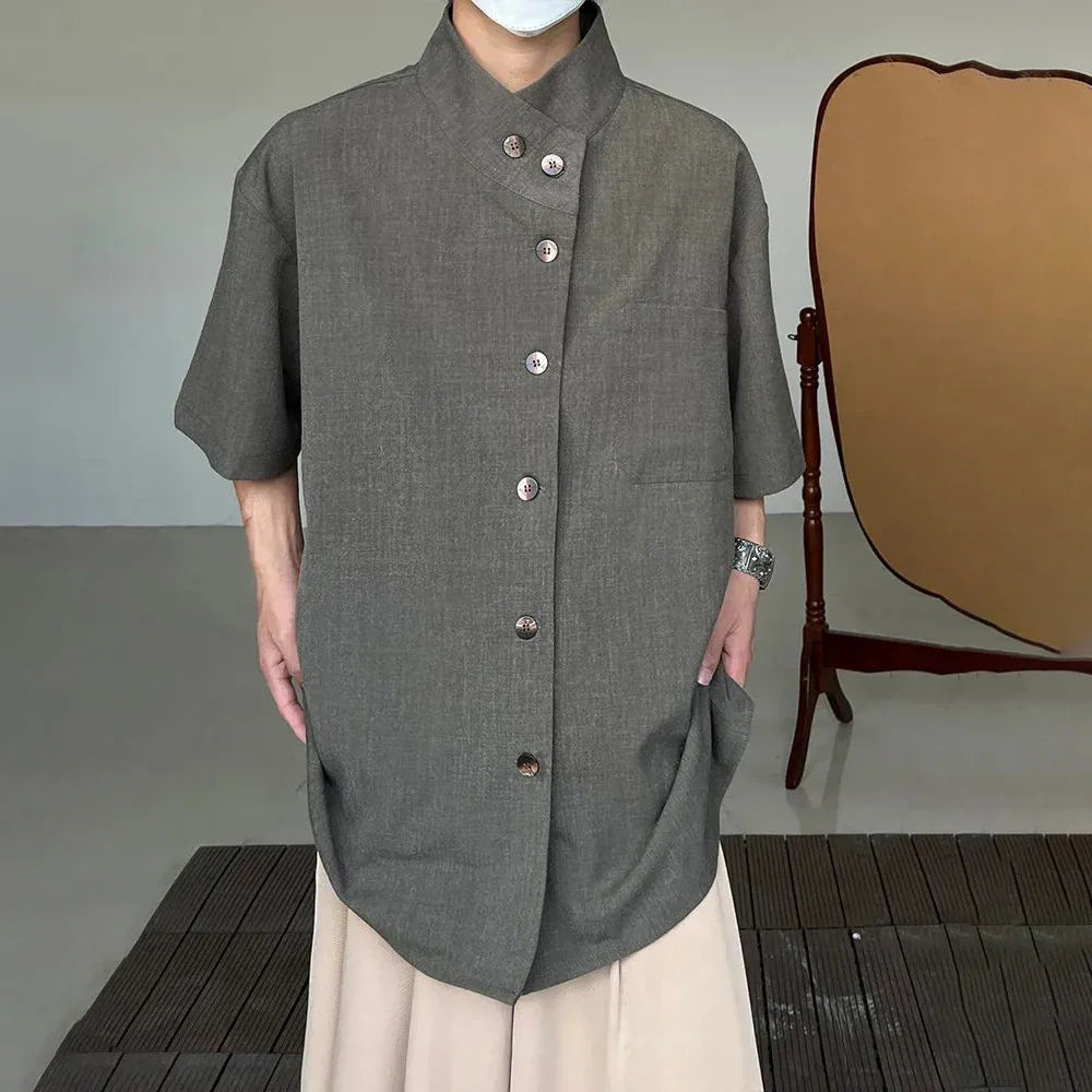 Bonsir Autumn Mens French High-End Solid Color Short-Sleeved Stand-Up Collar Shirt Niche Design Simple And Chic Street Lgbt Button Top
